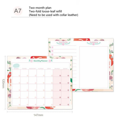 A7, A5, and A6 handbook loose-leaf refill pack showing floral and symphony tri-fold design options.
