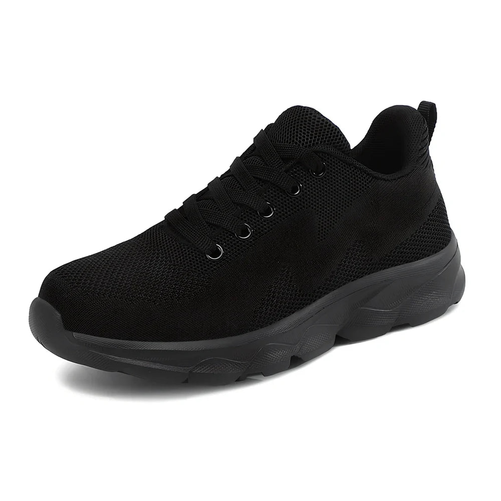 Women's black mesh running shoes with cross-strap and 3-5cm wedge heel, fabric upper with sewing details