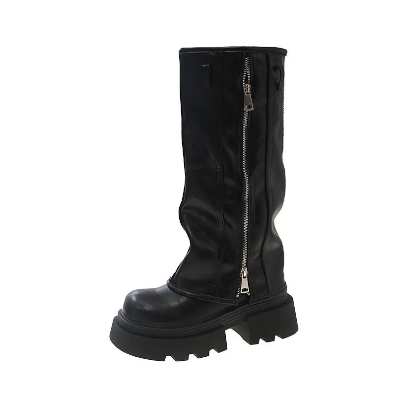 Platform muffin pants Martin boots with square heel and high cylinder socks in black, brown or wine red