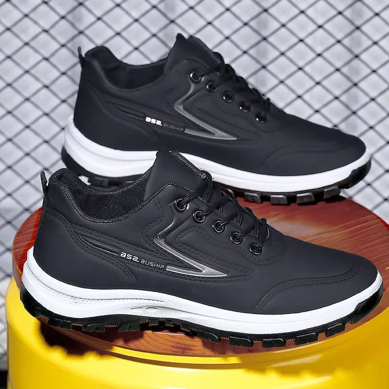 Black and red waterproof leisure sports shoes with PU upper and plastic sole