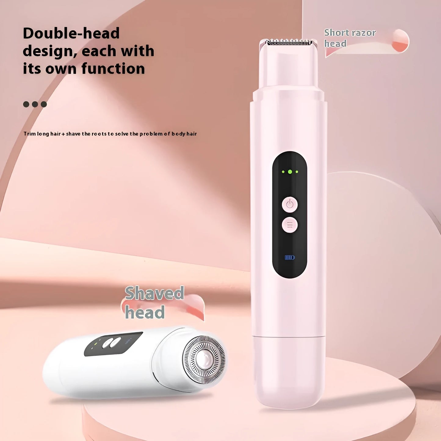 White and pink portable electric body hair trimmer with USB charging cable.