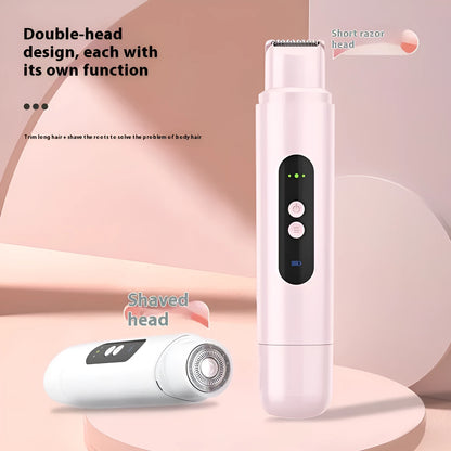 White and pink portable electric body hair trimmer with USB charging cable.