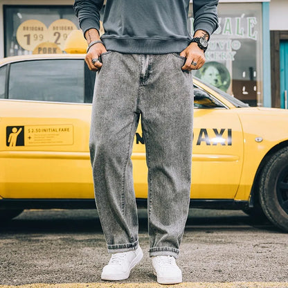Men's loose straight jeans in dark blue colour showing relaxed fit and traditional styling