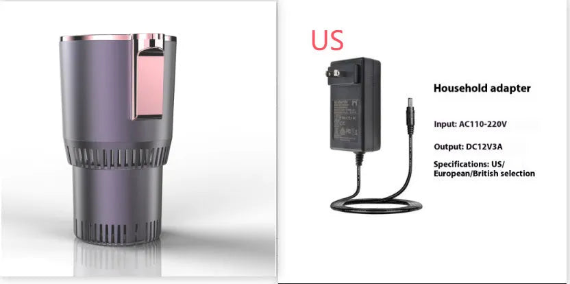 Black 12V car heating and cooling cup with digital display in a vehicle cup holder.