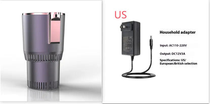 Black 12V car heating and cooling cup with digital display in a vehicle cup holder.