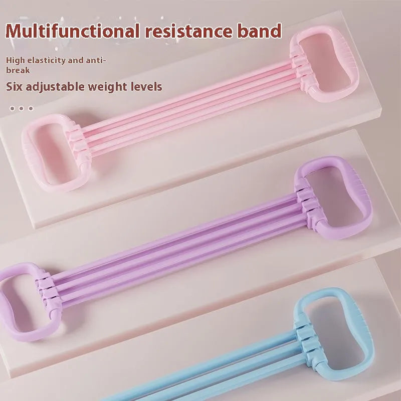 Adjustable chest expander with 6 gear settings in TPE material, available in blue pink or purple