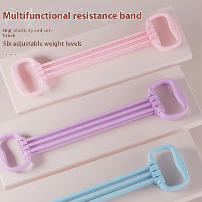 Adjustable chest expander with 6 gear settings in TPE material, available in blue pink or purple