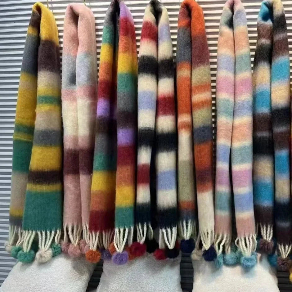 Vibrant Rainbow Mohair Tassel Scarf in various colors, perfect for winter fashion
