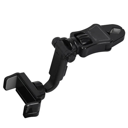 Universal car phone holder attached to a rear view mirror, shown in black and green colour.