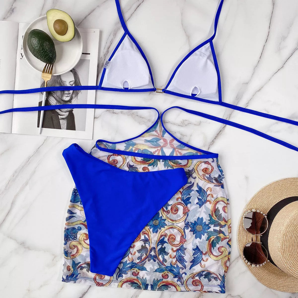 Summer Beach Bikini 3 Piece Set in blue with triangle style and chest pad