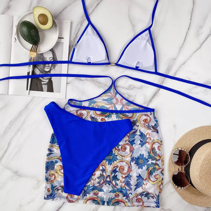 Summer Beach Bikini 3 Piece Set in blue with triangle style and chest pad