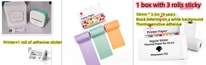 Compact Bluetooth-enabled thermal label printer in white, pink, and green colors with various label options