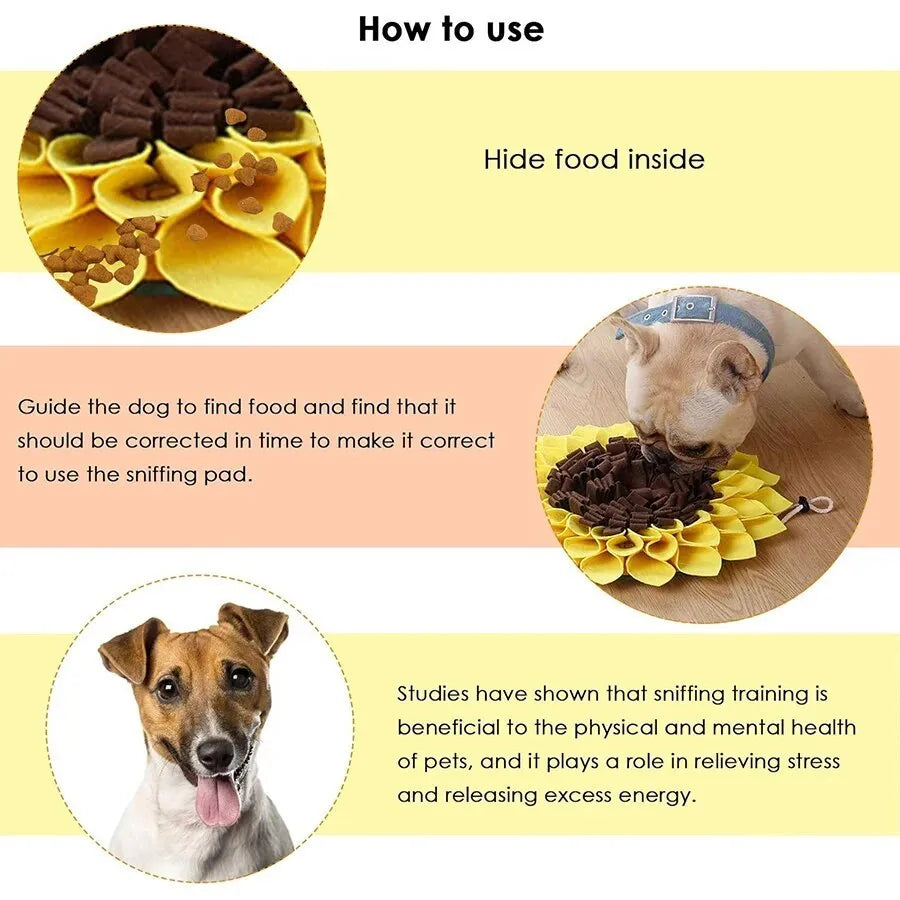 Yellow sunflower snuffle mat for dogs with rope and buckle attachment