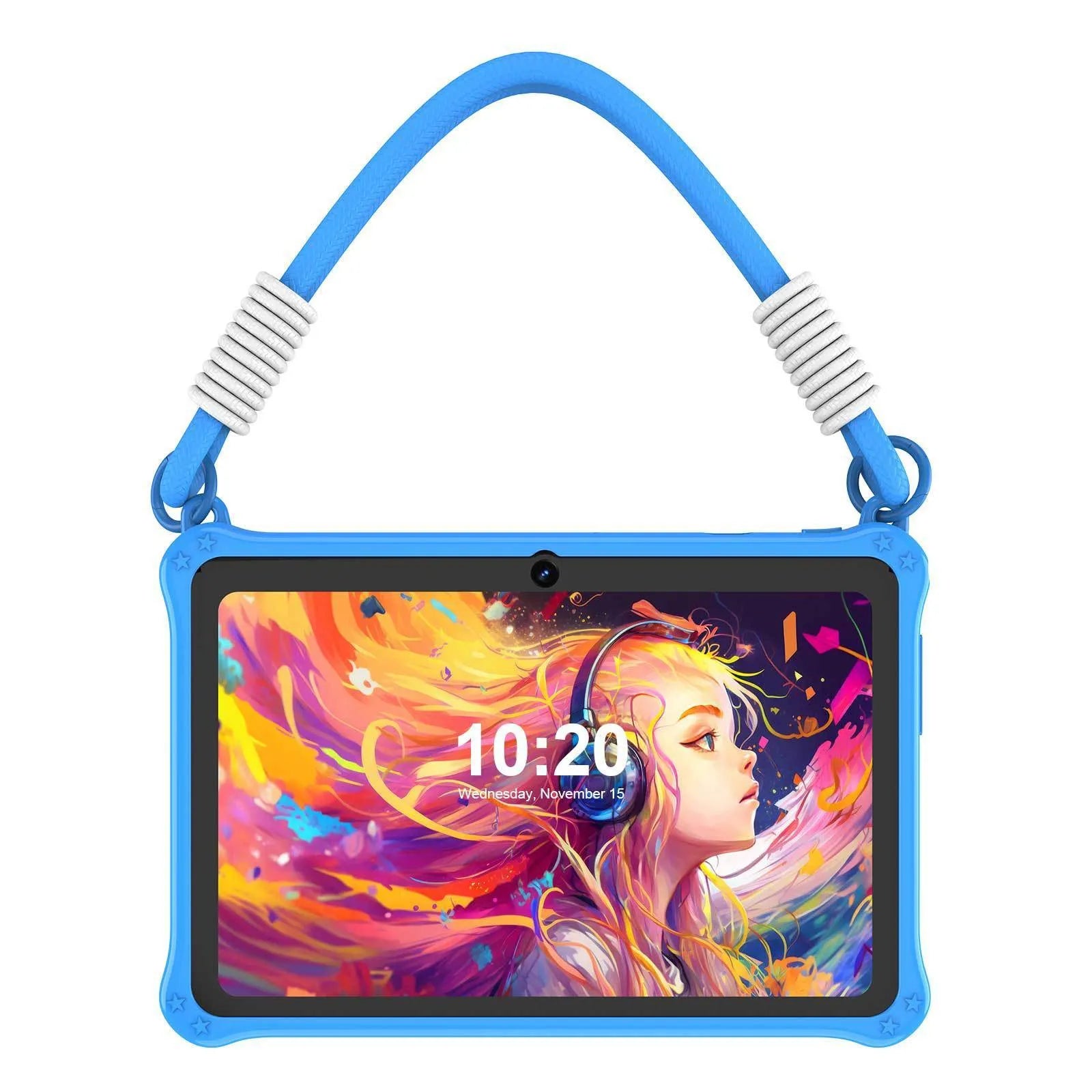 Blue silicone protective case with strap for a 7-inch children's tablet, shown with screen protector and cable.