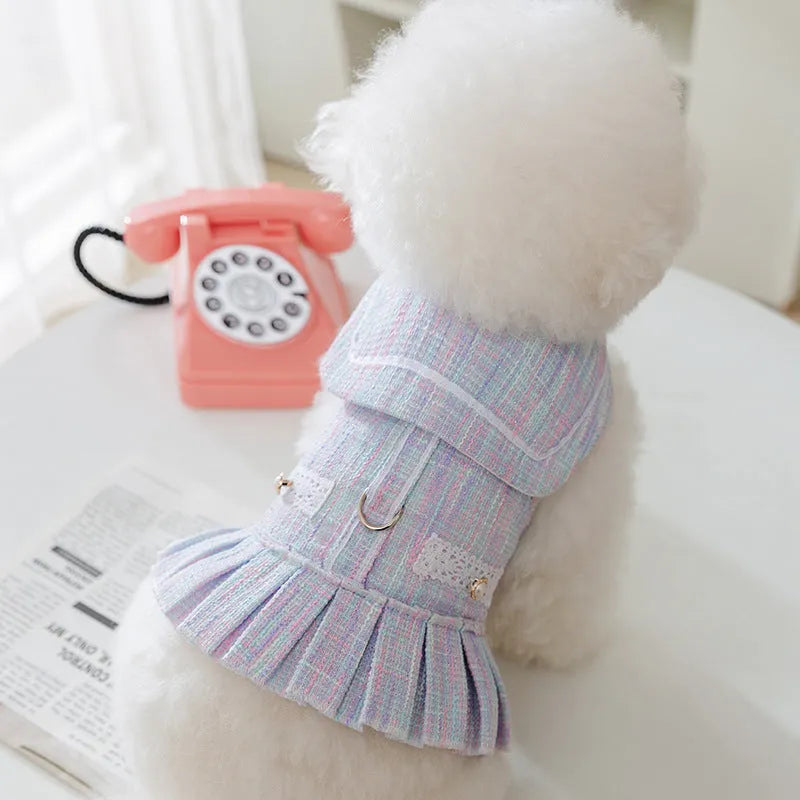 Cat small dog pet clothes in purple or pink polyester fibre with size guides for pets from 1.50kg to 7.50kg covering four sizes S M L XL for everyday indoor wear or special occasions
