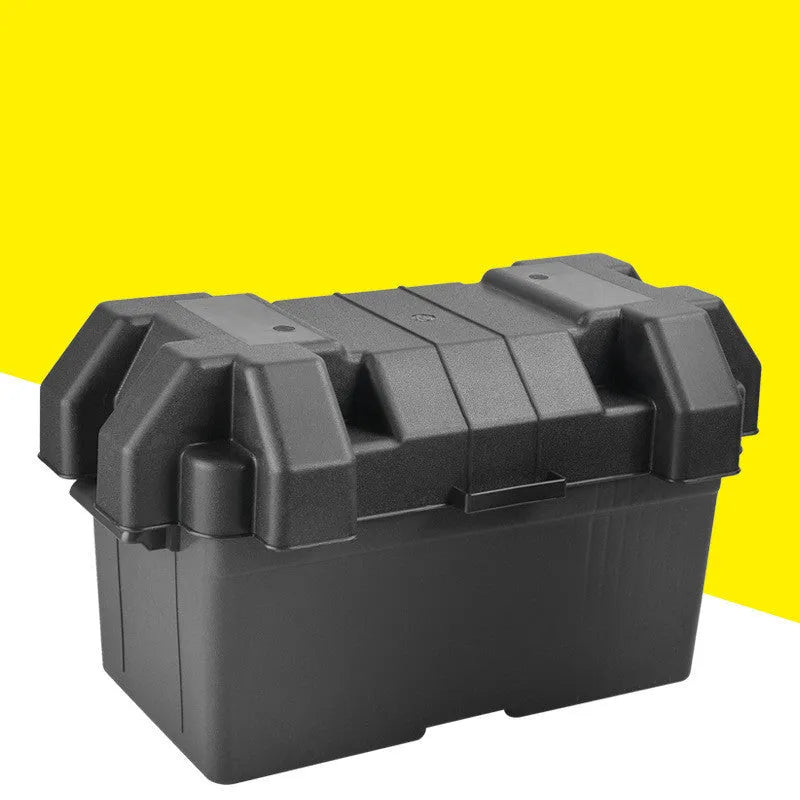Black PP plastic battery storage box with securing strap, available in large and small size options