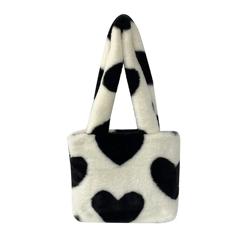 Fashion love heart womens furry fluffy bag in plush with contrast colour, underarm style, 24cm wide