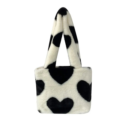 Fashion love heart womens furry fluffy bag in plush with contrast colour, underarm style, 24cm wide