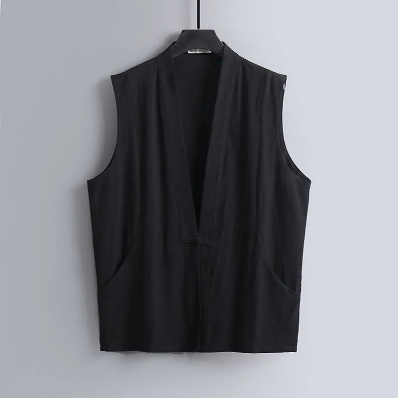 Men's light grey linen sleeveless vest with loose fit on hanger