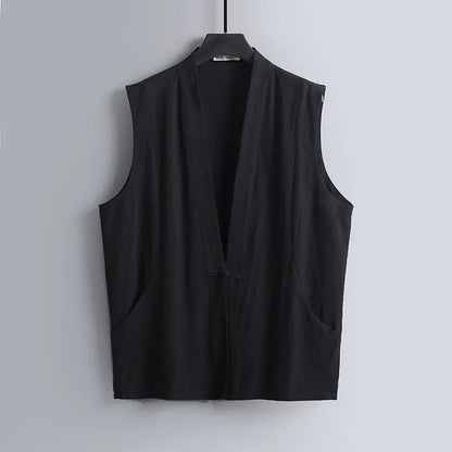 Men's light grey linen sleeveless vest with loose fit on hanger