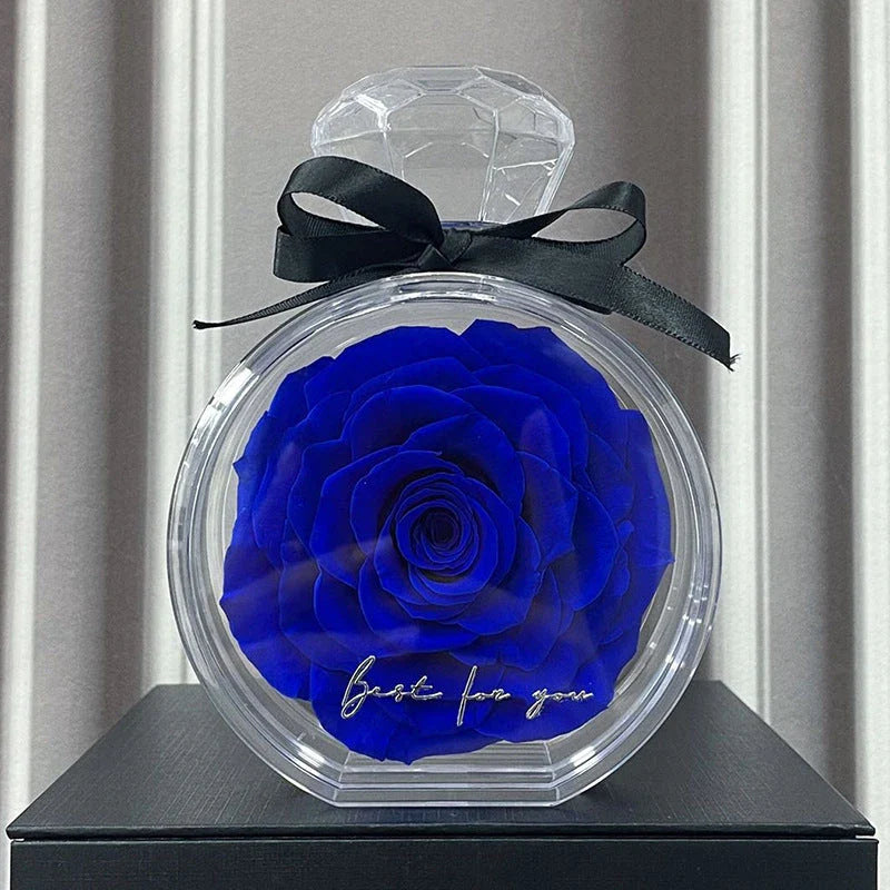 Preserved dried rose floral ornaments in a transparent display, available in various colors for home decor and special occasions