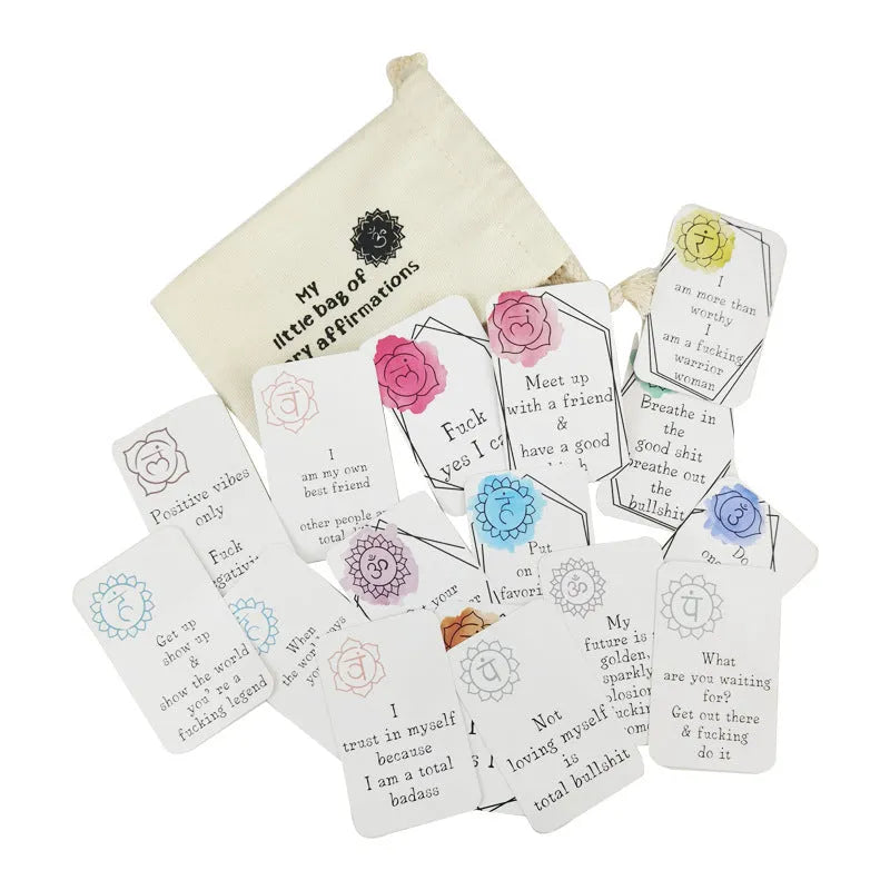 Funny affirmation card set showing 16 cards with soft healing designs in greeting card bag size