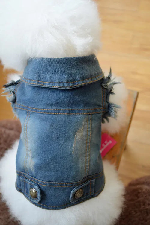 Scratch pattern denim vest for dogs in dark and light colours with size options from XS to XXL