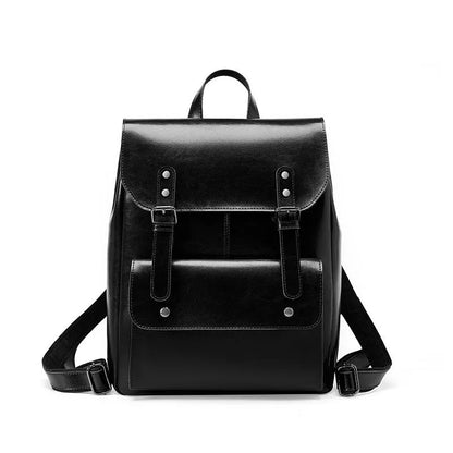 Genuine cowhide leather women's computer backpack in black, shown from a front perspective.