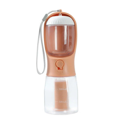 Portable 3-in-1 pet water bottle with built-in filtration system, food container, and waste bag storage compartment