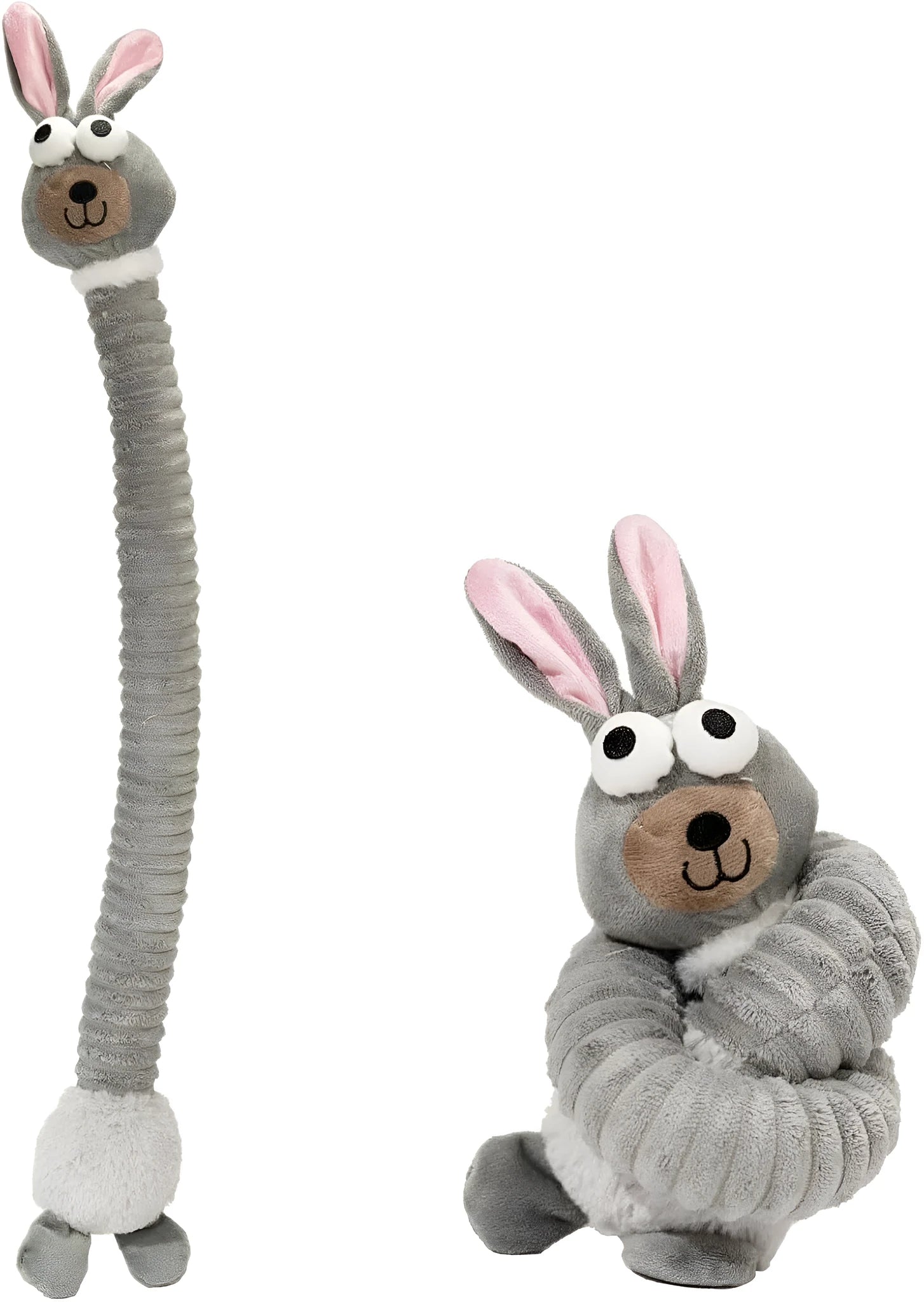 Brown, grey, and yellow plush dog toys with squeaky and crinkle features.