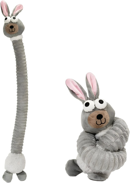 Brown, grey, and yellow plush dog toys with squeaky and crinkle features.
