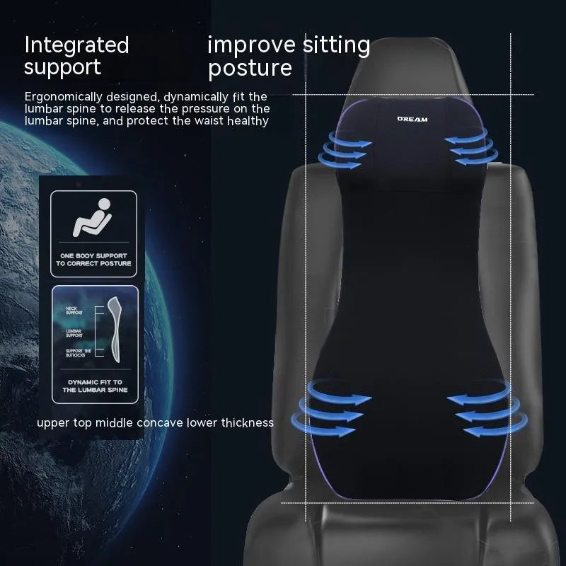Black memory foam automotive waist cushion and matching headrest pillow set on a car seat.