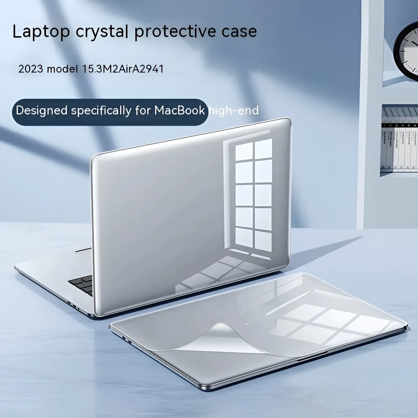 MacBook protective case in crystal transparent and frosted black finishes on a laptop.