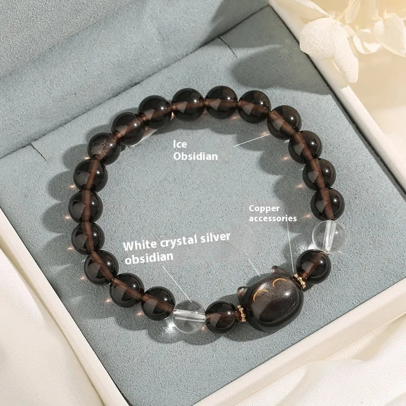 Women's silver cat head charm bracelet made from opal stone with an 8mm ice stone bead