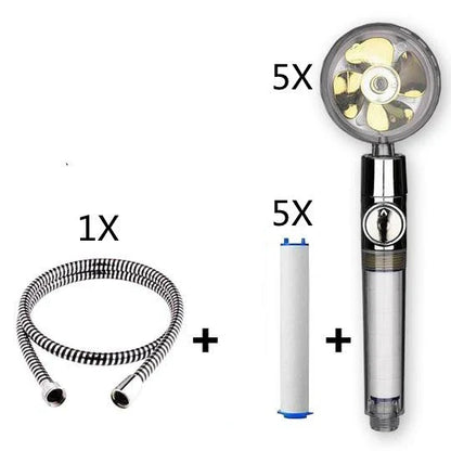 A high-pressure handheld shower head with a turbo-charged water flow and a cotton filter for a luxurious, spa-like bathing experience.