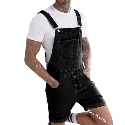Youth denim suspenders shorts in straight-leg short length, shown in blue, with a mid-waist fit and zipper fly.