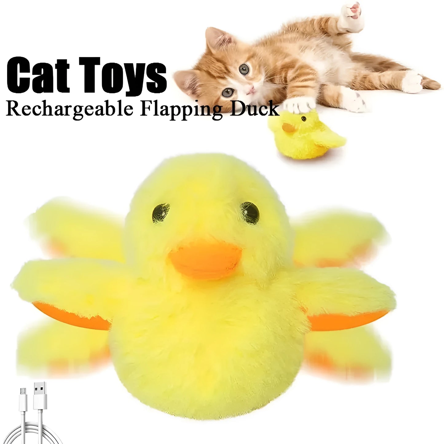 Yellow electric flapping duck cat toy with vibration sensor and USB-C charging cable