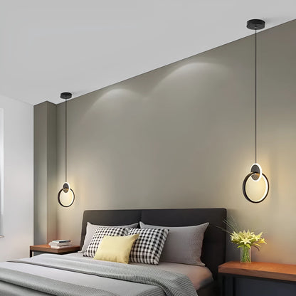 Nordic black double ring LED bed lamp chandelier with adjustable height above bedside