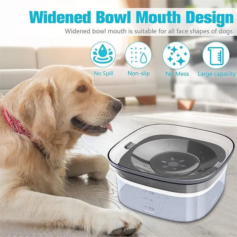 Transparent 70oz dog water bowl with floating disk, showing water level indicator and non-slip base