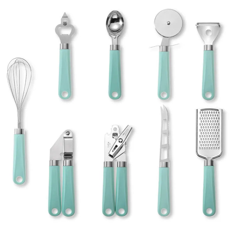 Nine-piece kitchen utensil set with stainless steel heads and plastic handles in four colour variations