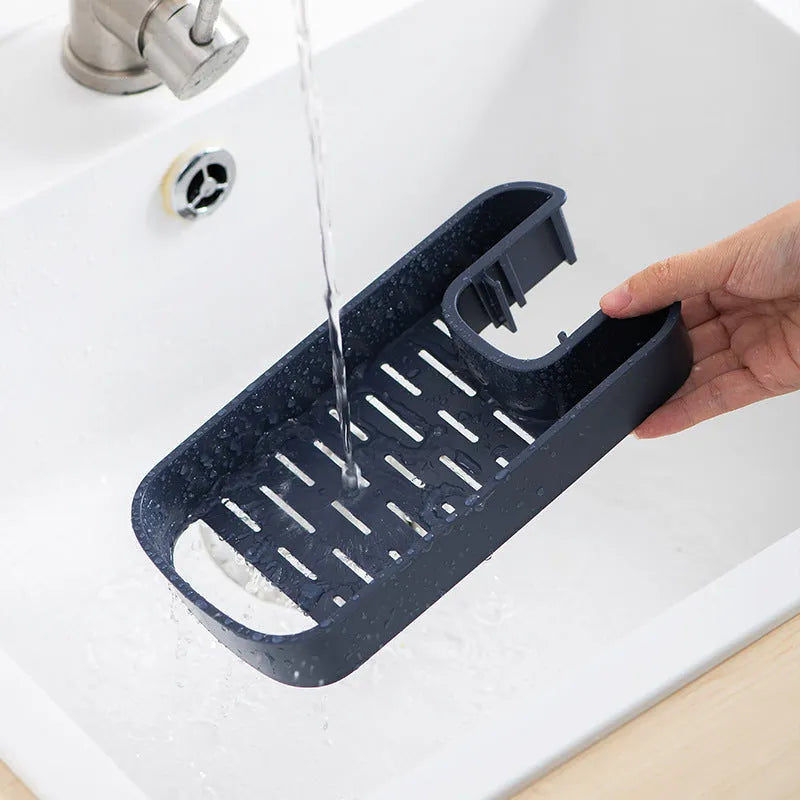Blue adjustable sink shelf storage basket with soap sponge rack mounted on kitchen faucet