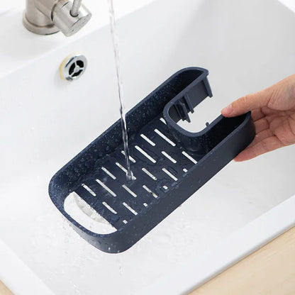 Blue adjustable sink shelf storage basket with soap sponge rack mounted on kitchen faucet