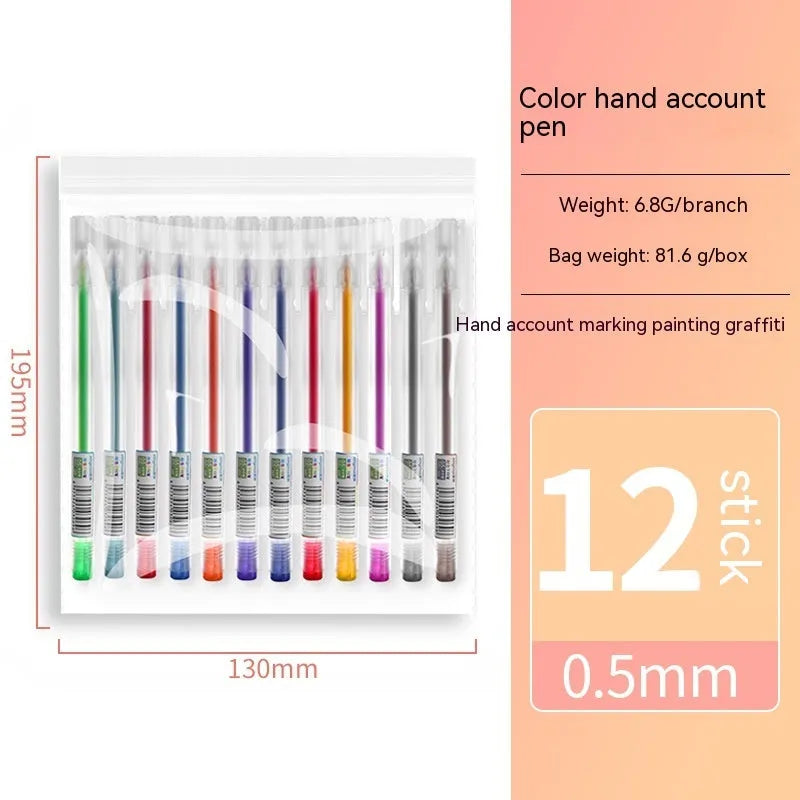 Colour box containing 12 assorted gel pens with 0.5 mm points, each in individual bags.