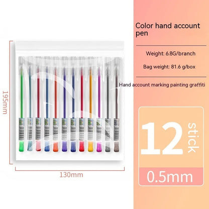 Colour box containing 12 assorted gel pens with 0.5 mm points, each in individual bags.