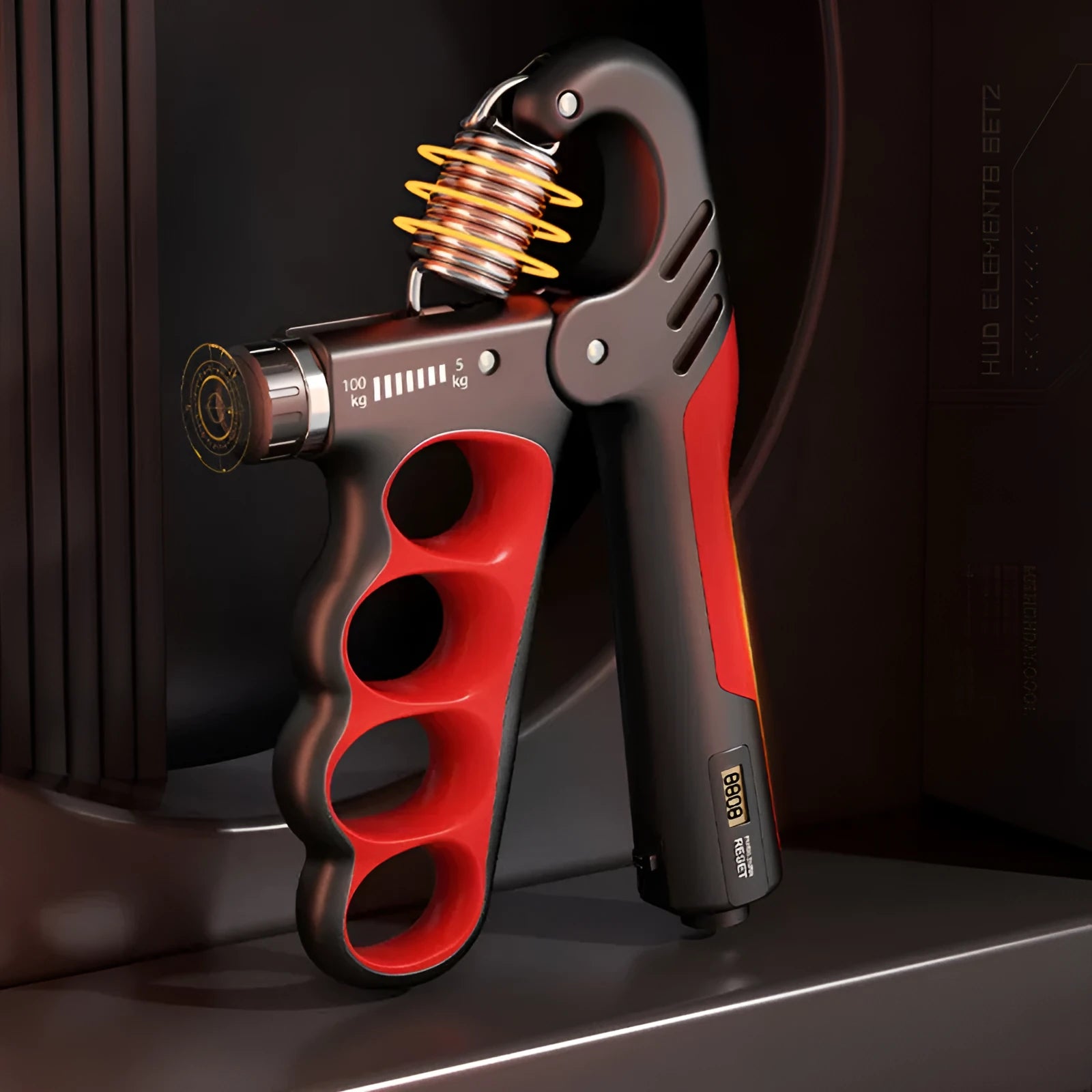Adjustable electronic spring hand grip trainer with digital counter display in grey, orange, and red colours.