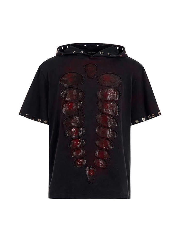 Black hooded short-sleeved men's T-shirt with sequin detailing on a loose fit.