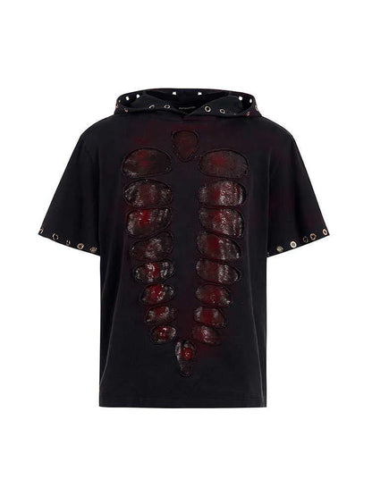 Black hooded short-sleeved men's T-shirt with sequin detailing on a loose fit.