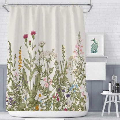 Floral plant shower curtain with Nordic green leaf pattern and colourful flowers in polyester fabric