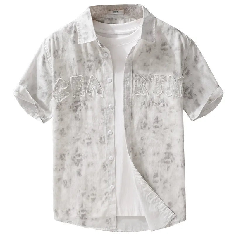 Men's grey white cotton short-sleeve cardigan with hanging dyed printed pattern, loose fit
