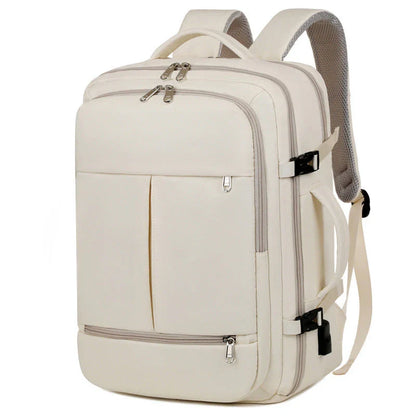A stylish and high-capacity backpack with multiple pockets and zippers, designed for business and travel use.